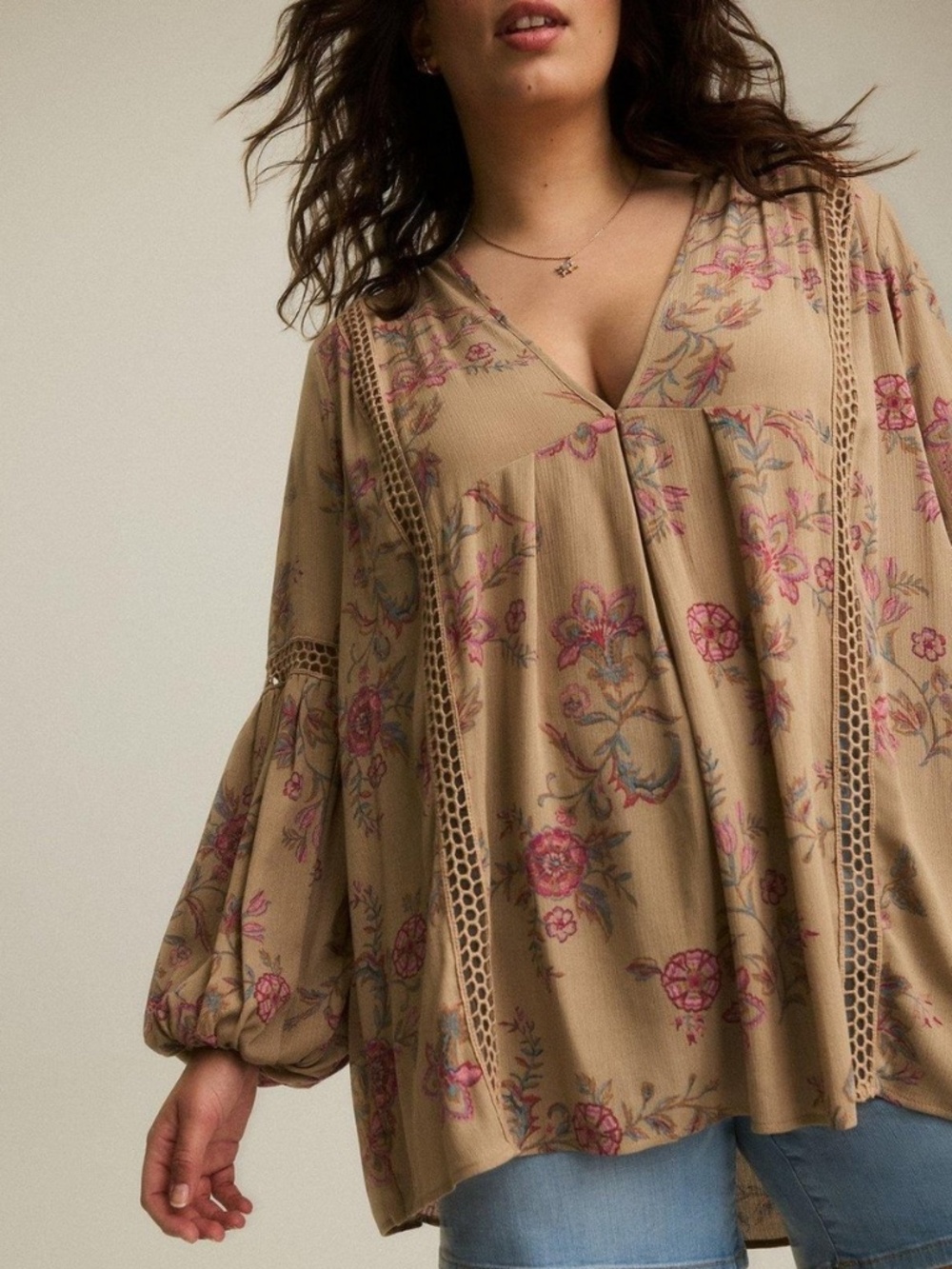 Torrid- Festi Inset Gauze Floral Lace Long Sleeve Boho Tan V-Neck Tunic Top - 3X